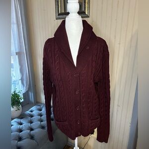 Tommy Hilfiger Cable Knit Cardigan Sweater Burgundy Shawl Collar Women’s Large